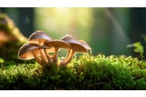 Groepje paddenstoelen in een met mos bedekte bostuin, verlicht door zacht zonlicht – symbool voor de natuurlijke kracht van mycotherapie.
