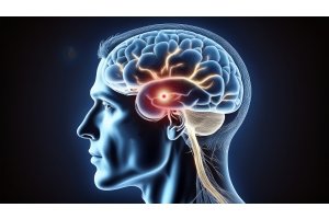 Visualisatie van de hersenen met focus op het Parkinson-gebied (substantia nigra).