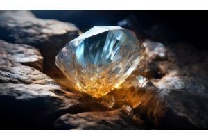 Topaaskristal in blauw en goud op ruwe steen – edelsteen met spirituele en energetische werking.