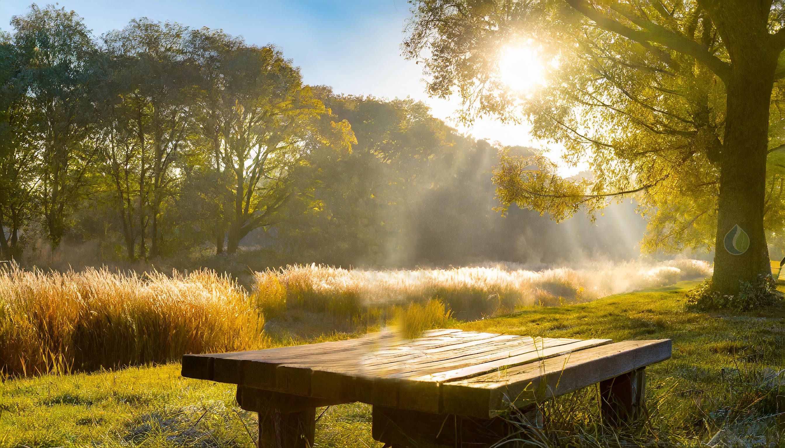 Rustig natuurbeeld met zonnestralen door bomen en hoog gras tijdens het pollenseizoen.