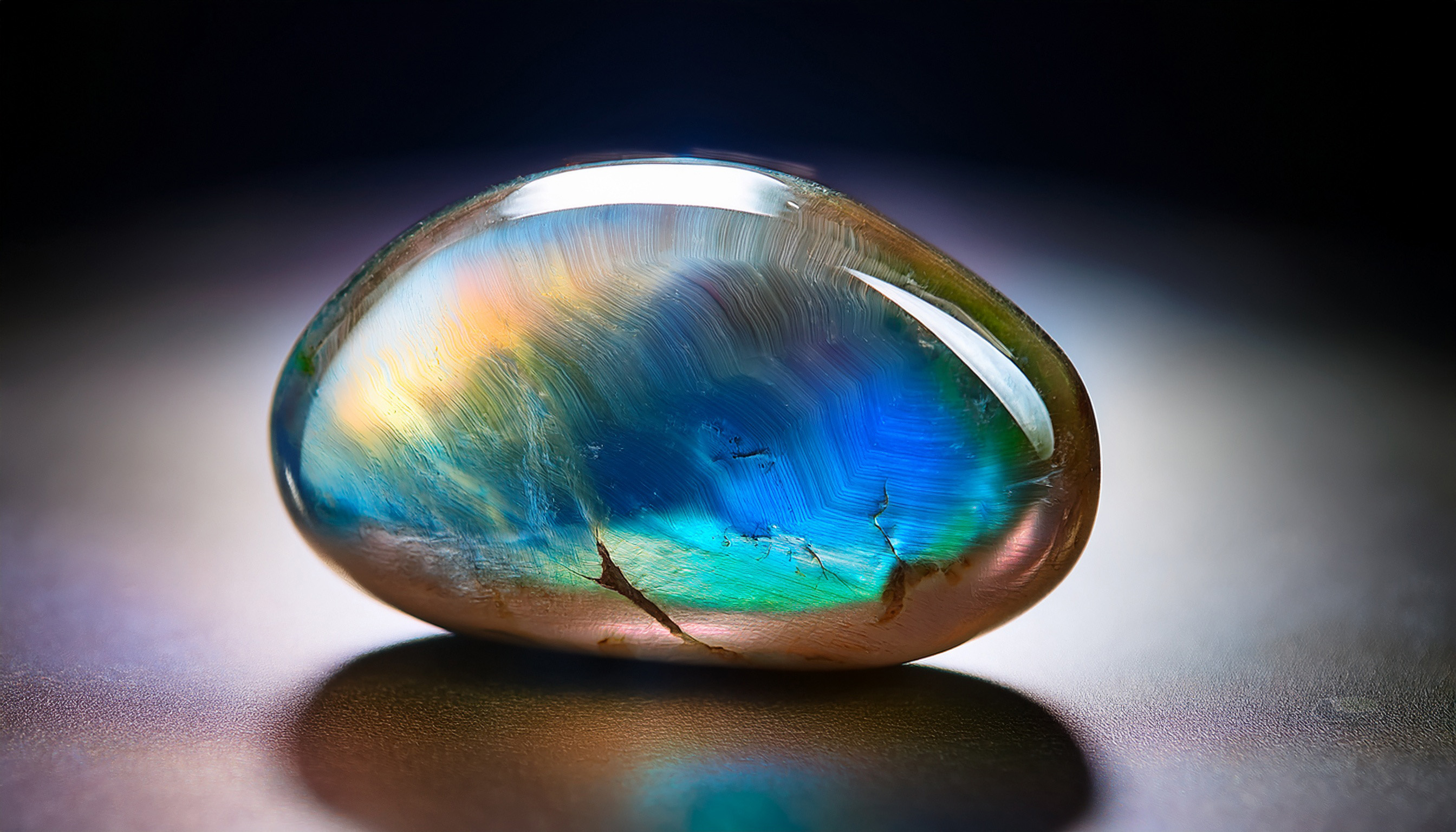 Glanzende gepolijste labradoriet met iriserende blauwgroene en gouden kleurschakeringen, liggend op een glad oppervlak.