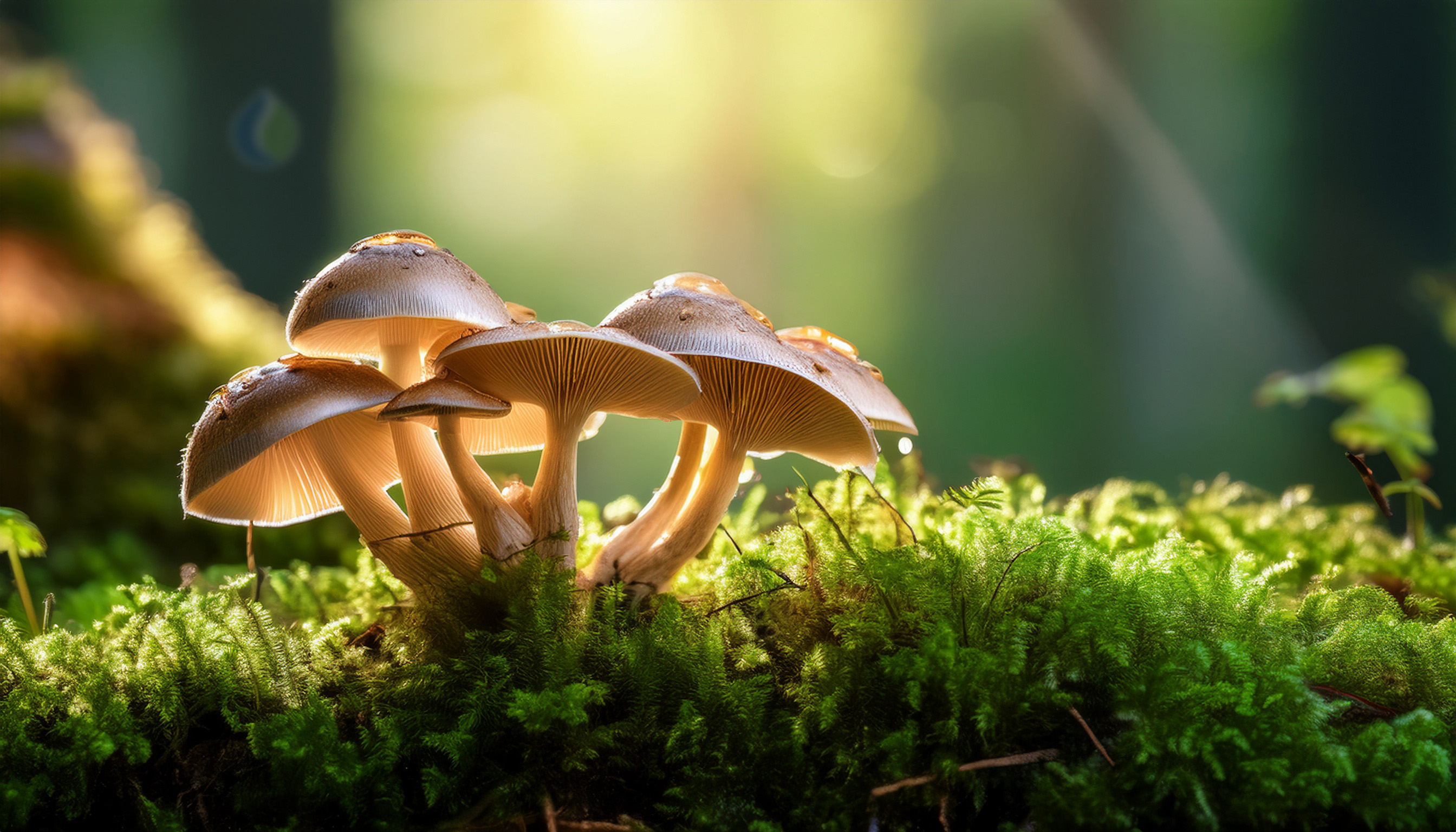 Groepje paddenstoelen in een met mos bedekte bostuin, verlicht door zacht zonlicht – symbool voor de natuurlijke kracht van mycotherapie.