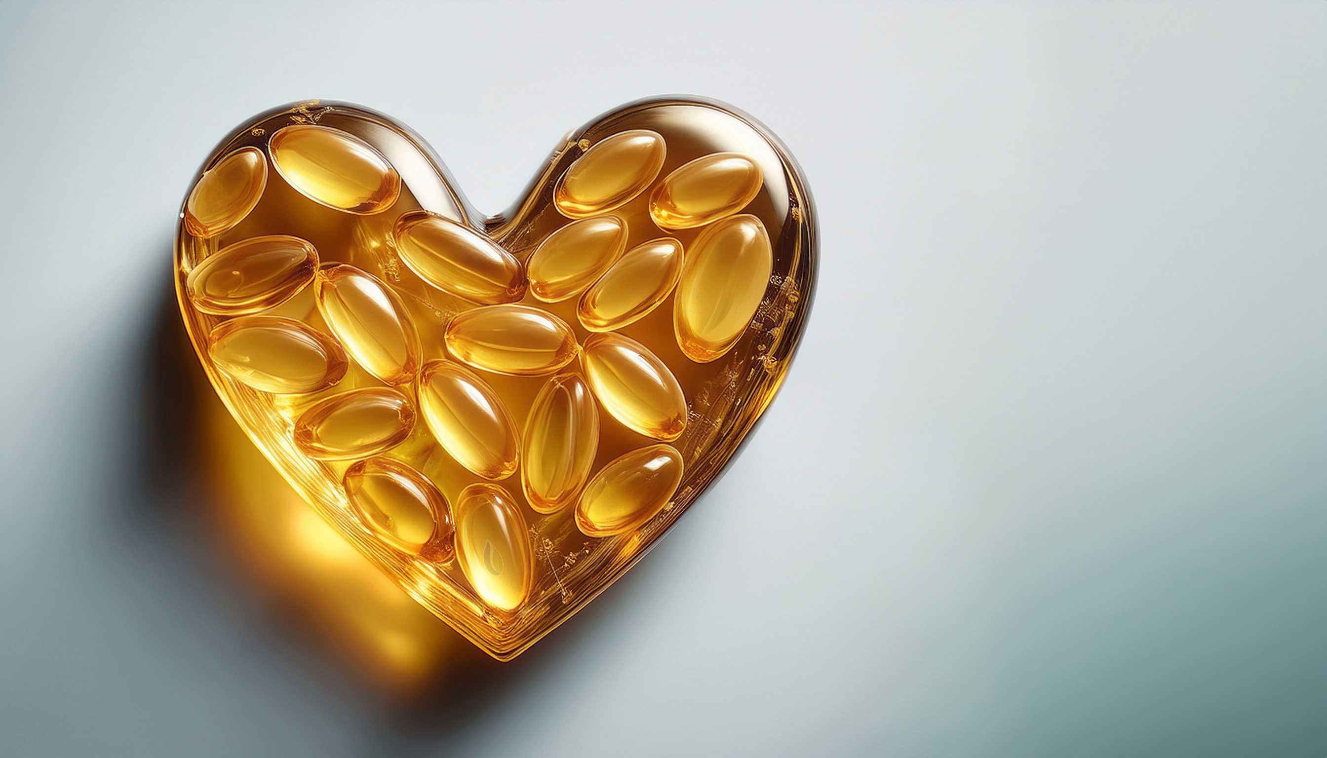 Hartvorm gevuld met omega 3-capsules als symbool voor ondersteuning van hartgezondheid.
