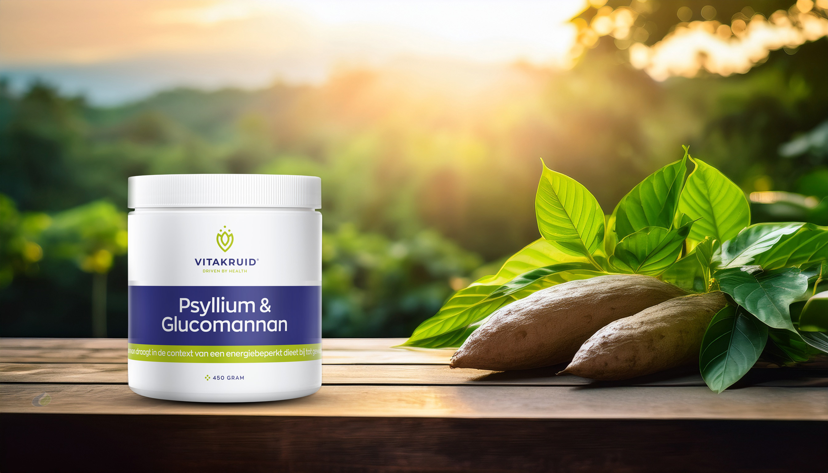Vitakruid Psyllium & Glucomannan pot op een houten tafel met verse glucomannanwortels en groene bladeren, in een natuurlijke setting met zonlicht – productfoto voor Meditech Europe blog.
