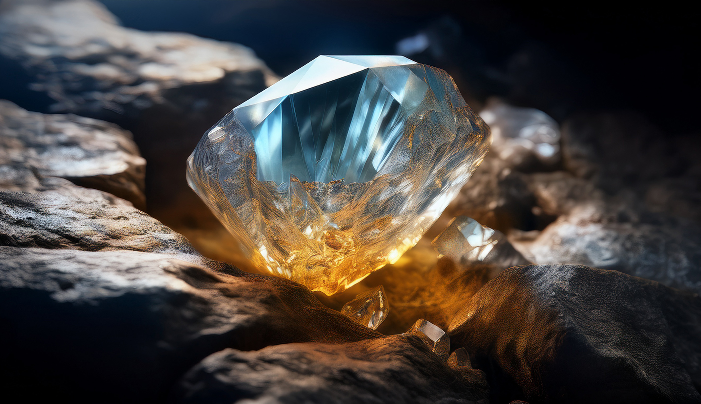 Topaaskristal in blauw en goud op ruwe steen – edelsteen met spirituele en energetische werking.